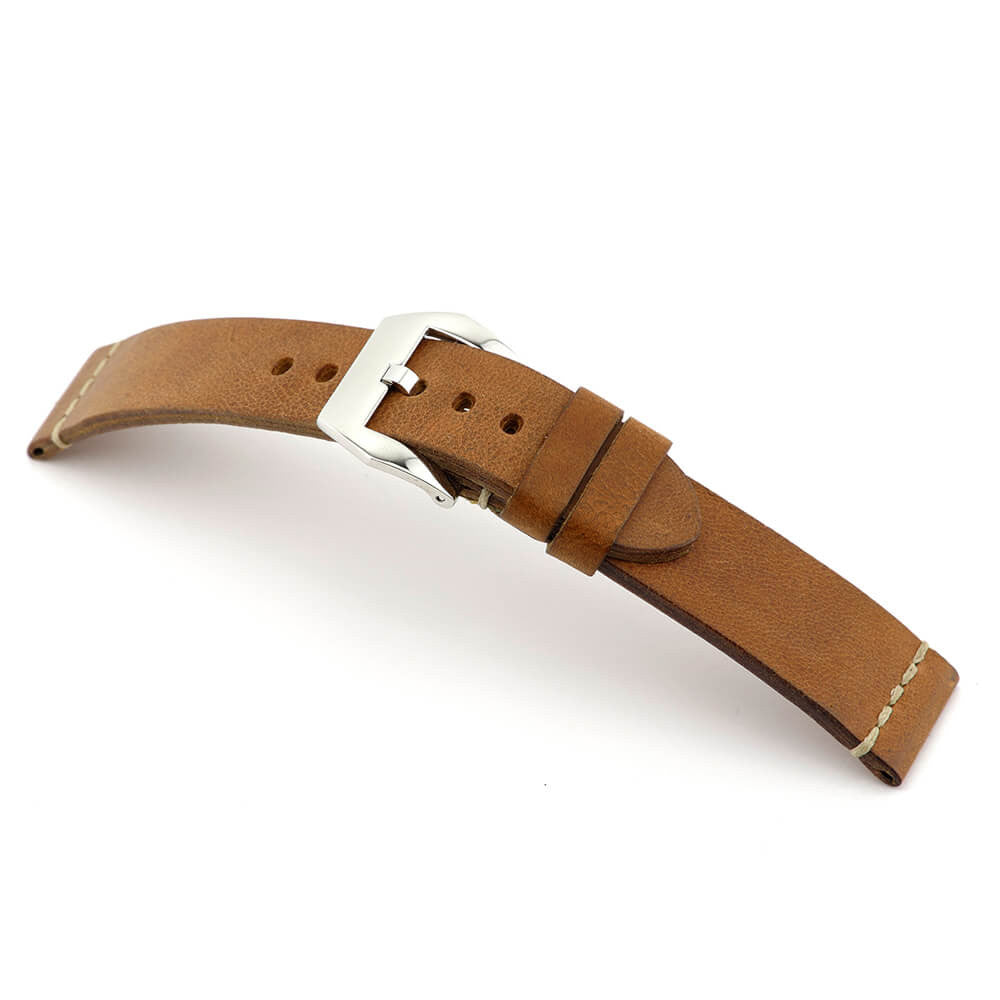 Genuine Vintage Leather Watch Band | Cognac | Birmingham | White Minimal Stitch