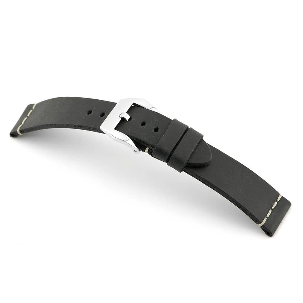 Genuine Vintage Leather Watch Band | Black | Birmingham | White Minimal Stitch