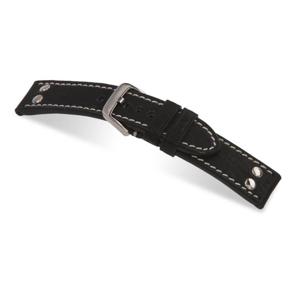 Genuine Vintage Leather Watch Band | Black | Chesterfield | Stainless Steel Rivets