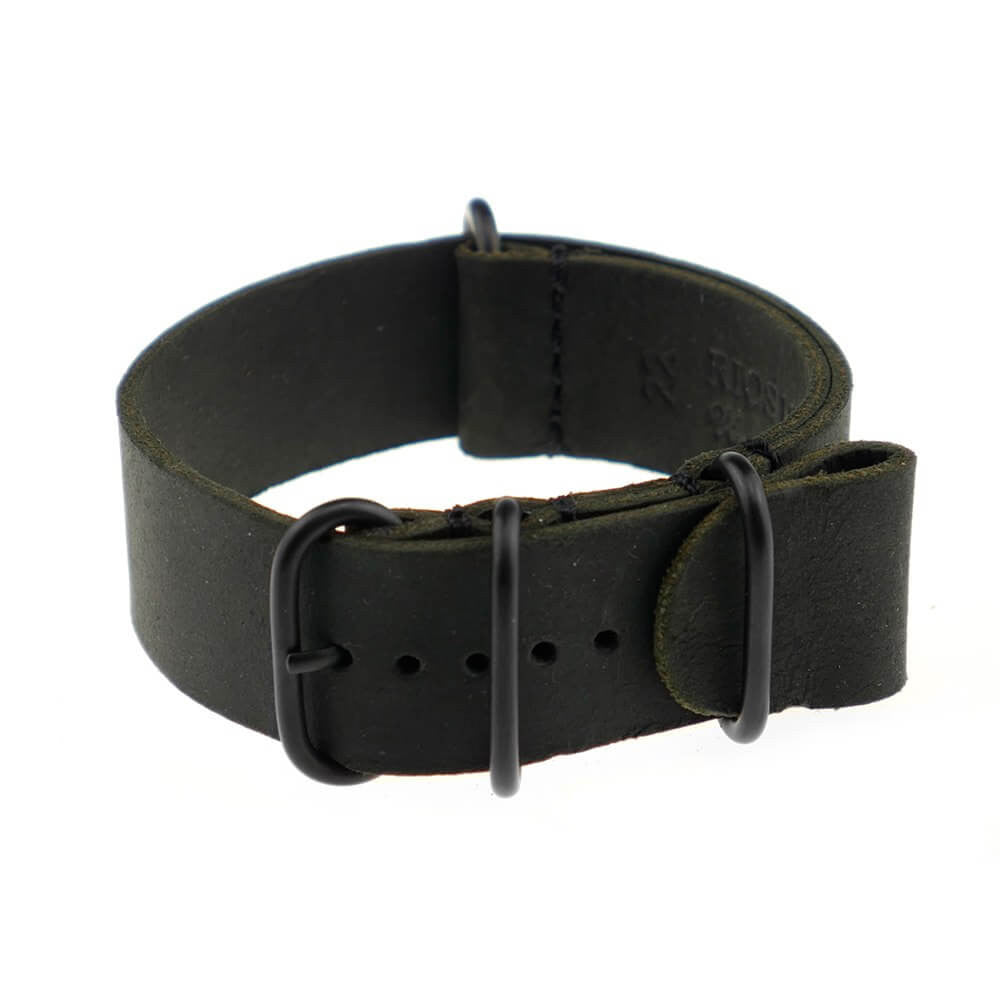 Vintage Leather Watch Band | Black | Riga | One-Piece | 4 PVD Rings